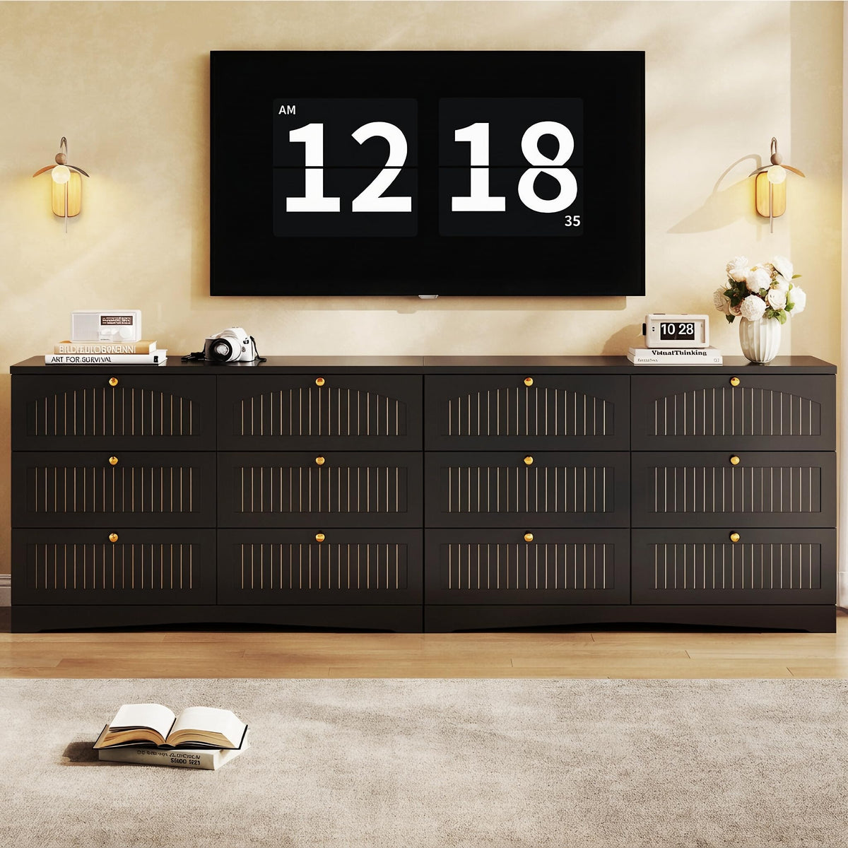 Black 6 Drawer Fluted Wood Dresser S26178