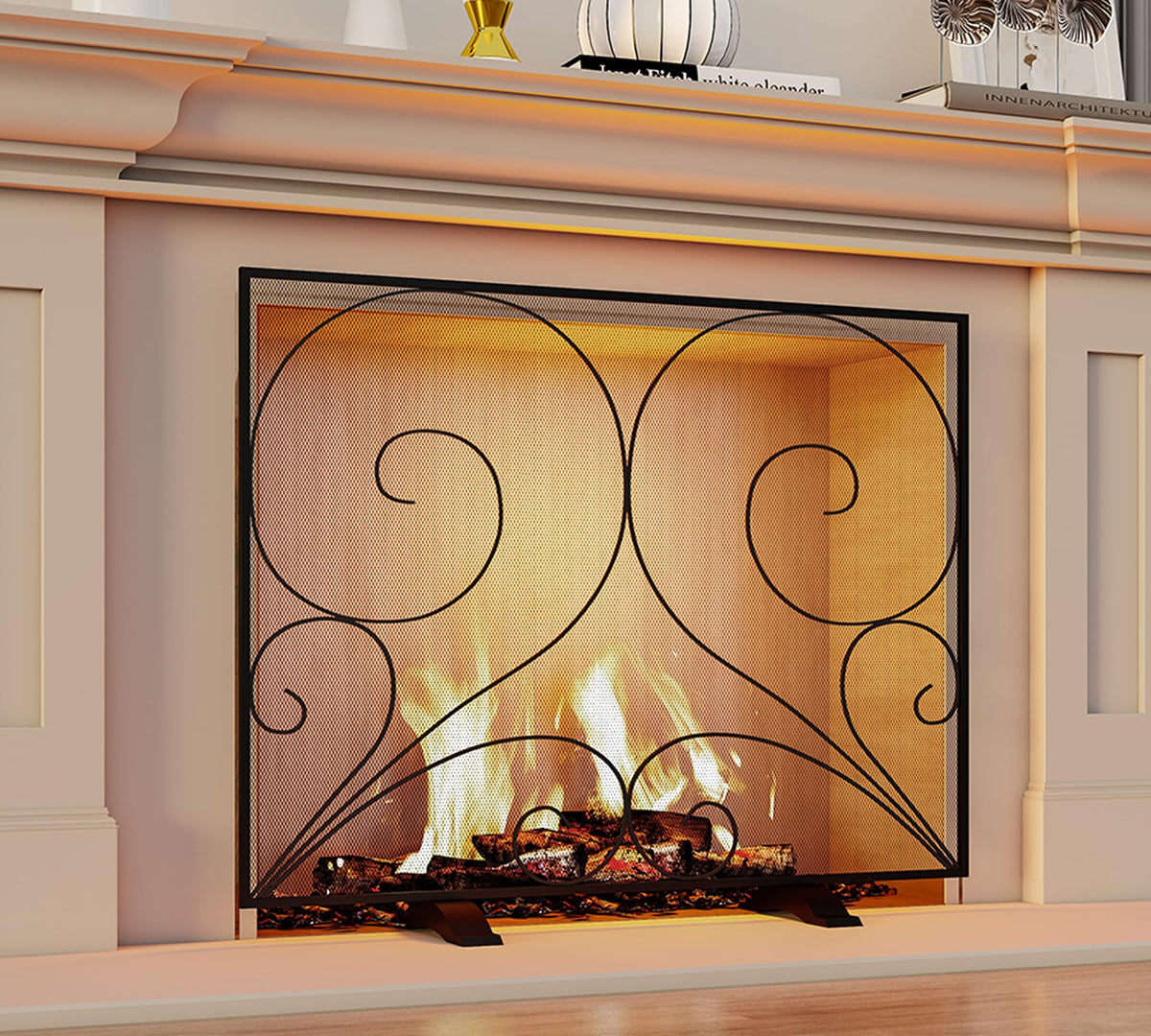 Black Single Panel Wrought Iron Fireplace Screen Z3999