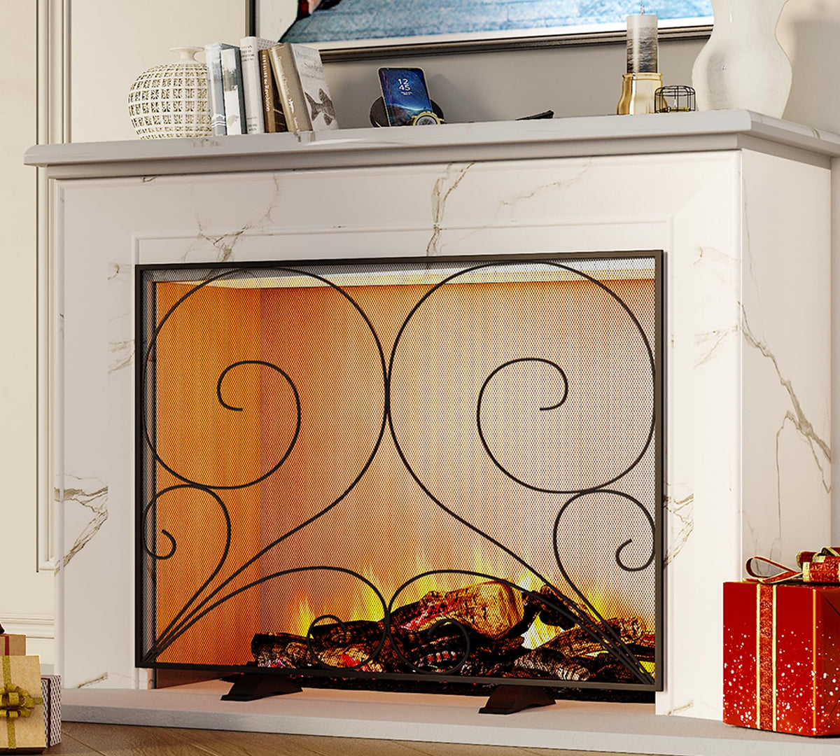 Black Single Panel Wrought Iron Fireplace Screen Z3999