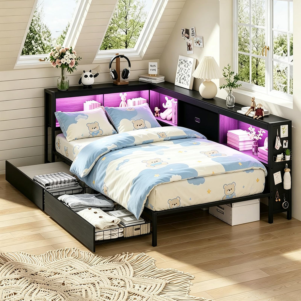 Twin Size Metal Corner Bed Frame with Storage Bookcase Headboard C3582
