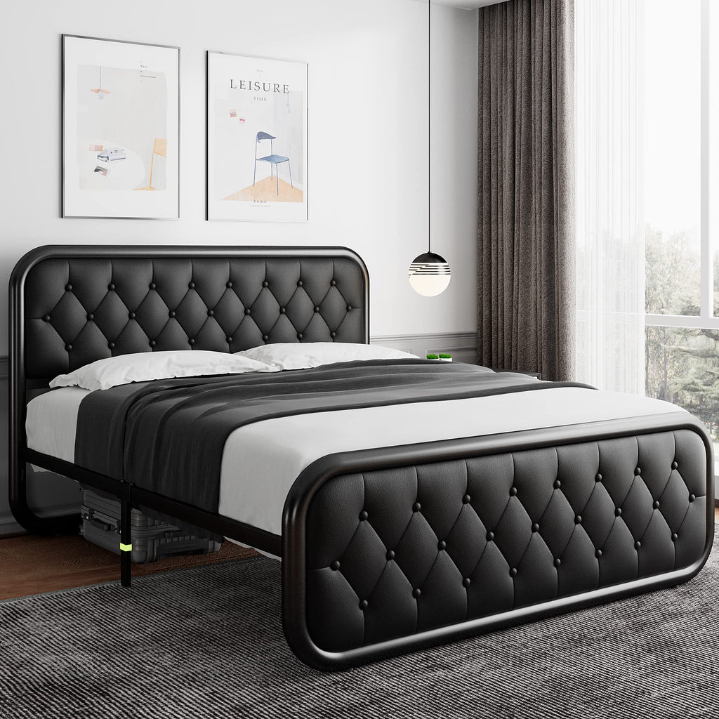 Full Size Black Metal Platform Bed Frame with Leather Headboard E199