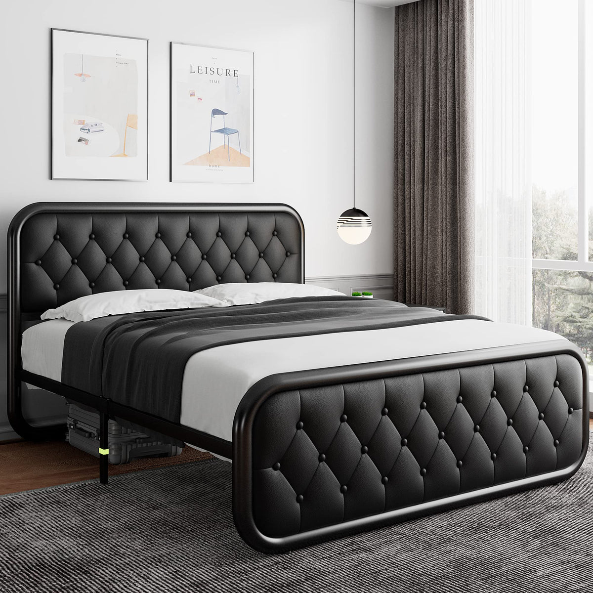 Full Size Black Metal Platform Bed Frame with Leather Headboard E199