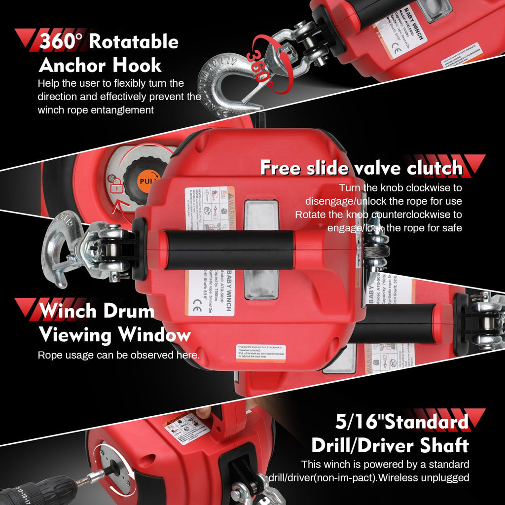 1500 Lbs Portable Drill Winch with 40 Foot Synthetic Rope Q768