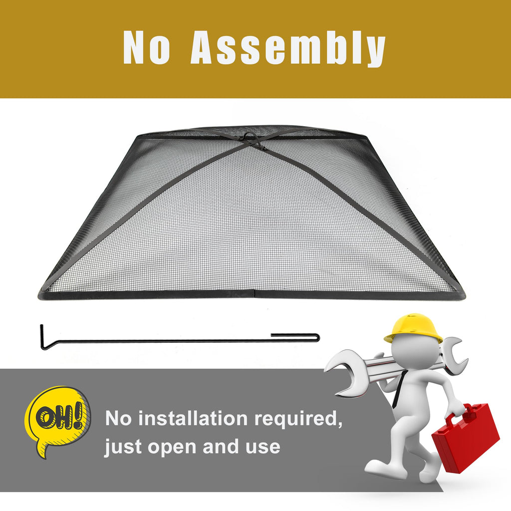 32In Square Heavy Duty Fire Pit Screen Cover with Handle and Poker Black D3609