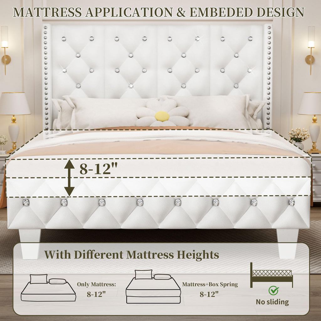 White Upholstered Full Size Bed Frame with Headboard E60685