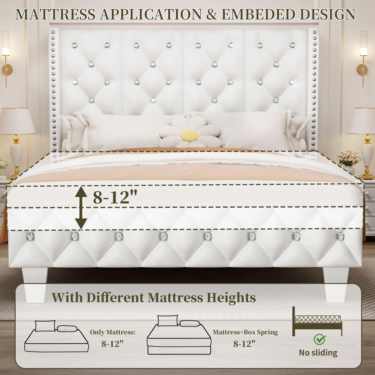 White Upholstered Full Size Bed Frame with Headboard E60685