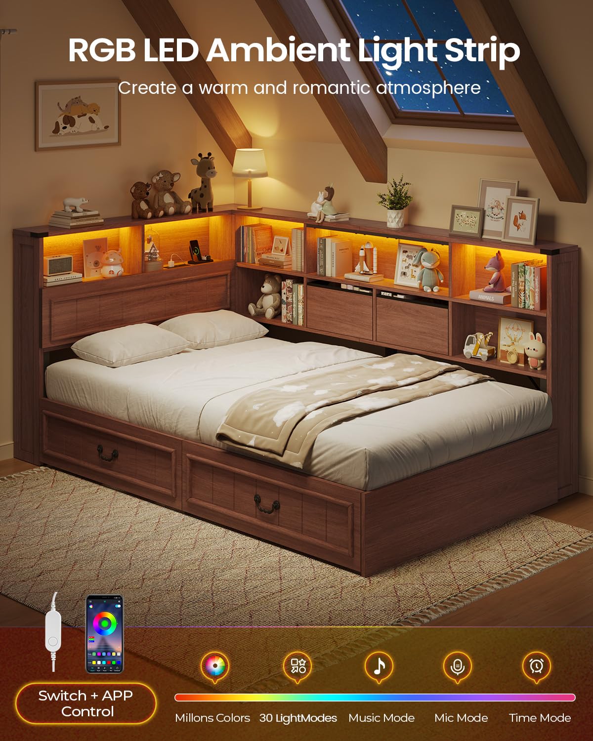Twin Corner Bed Frame with Storage Drawers and Bookcase O8090