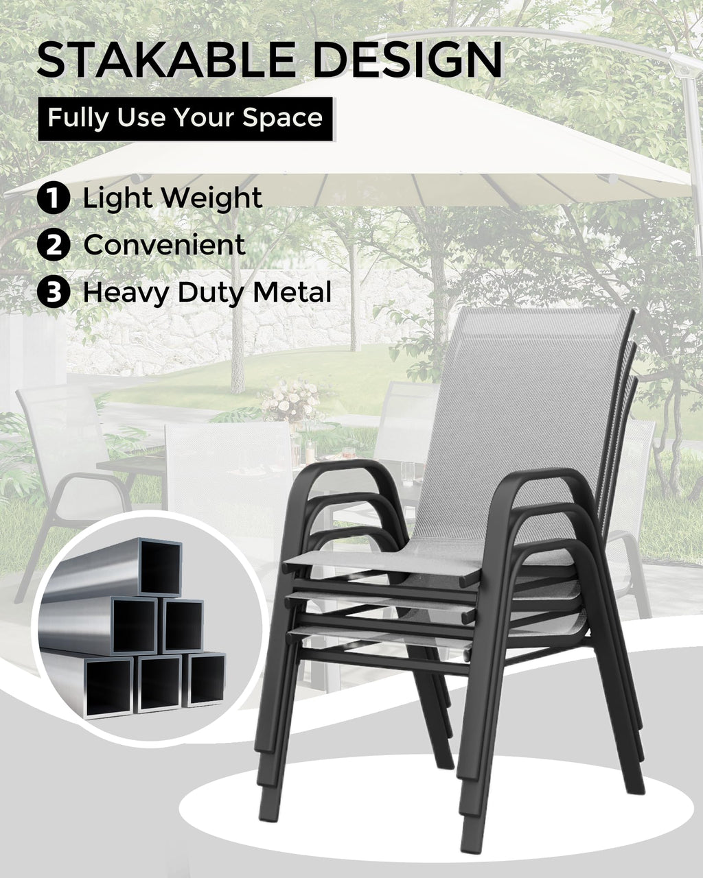 Stackable Outdoor Dining Chairs Set of 4 Textilene Fabric Metal Frame Grey F564
