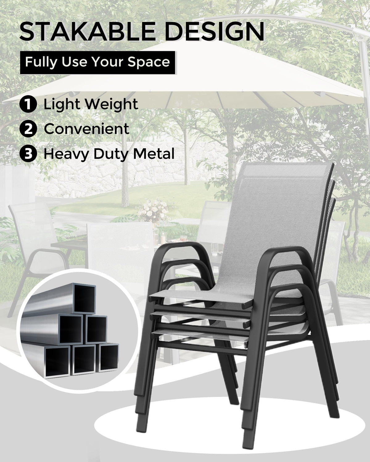 Stackable Outdoor Dining Chairs Set of 4 Textilene Fabric Metal Frame Grey F564