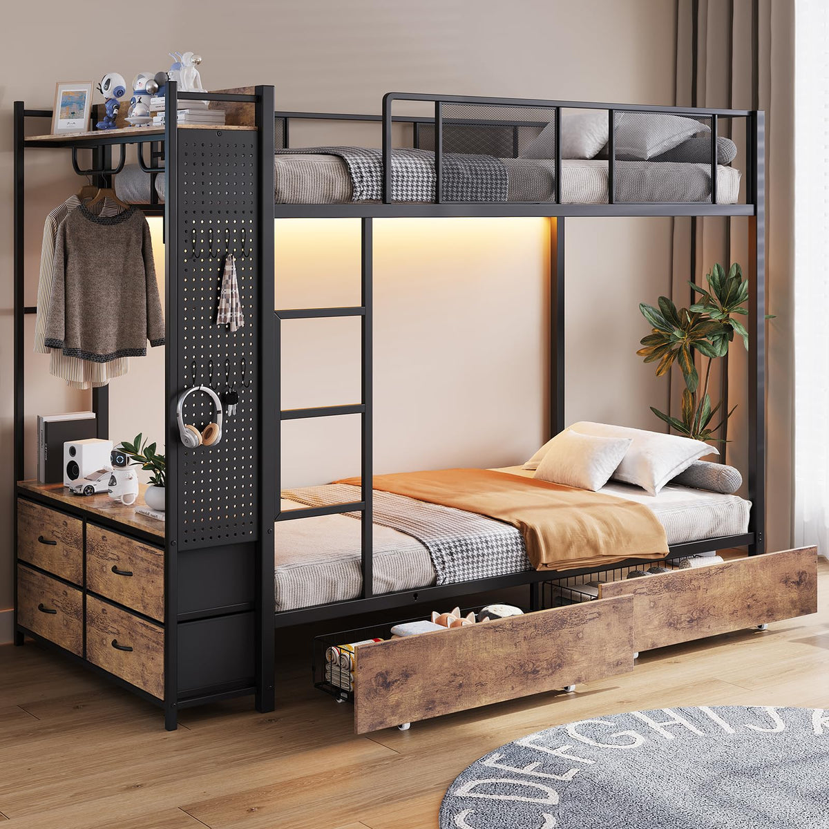 Twin Over Twin Metal Bunk Bed with Storage Drawers S4930