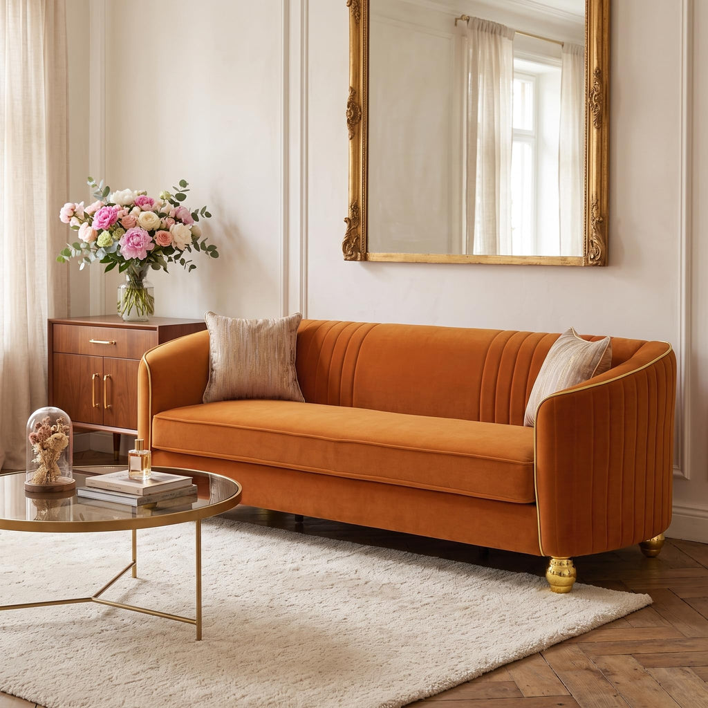 Velvet Modern Sofa Couch 3-Seater Deep Seat Sofa, Orange Q407