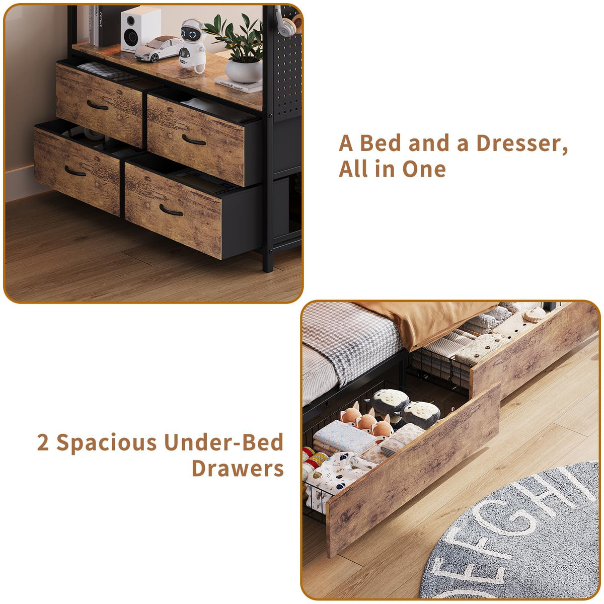 Twin Over Twin Metal Bunk Bed with Storage Drawers S4930