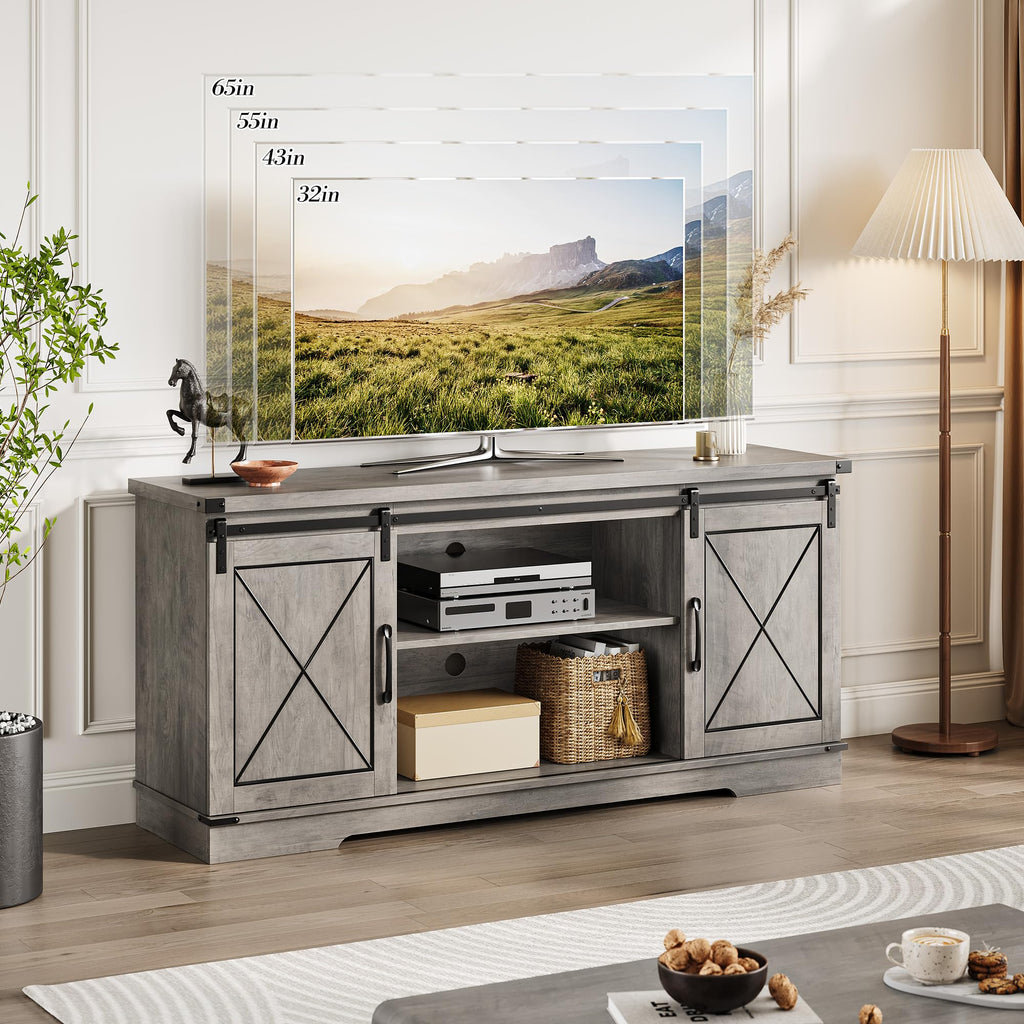 Farmhouse TV Stand 65+ inch with Sliding Barn Doors and Storage Cabinets L404