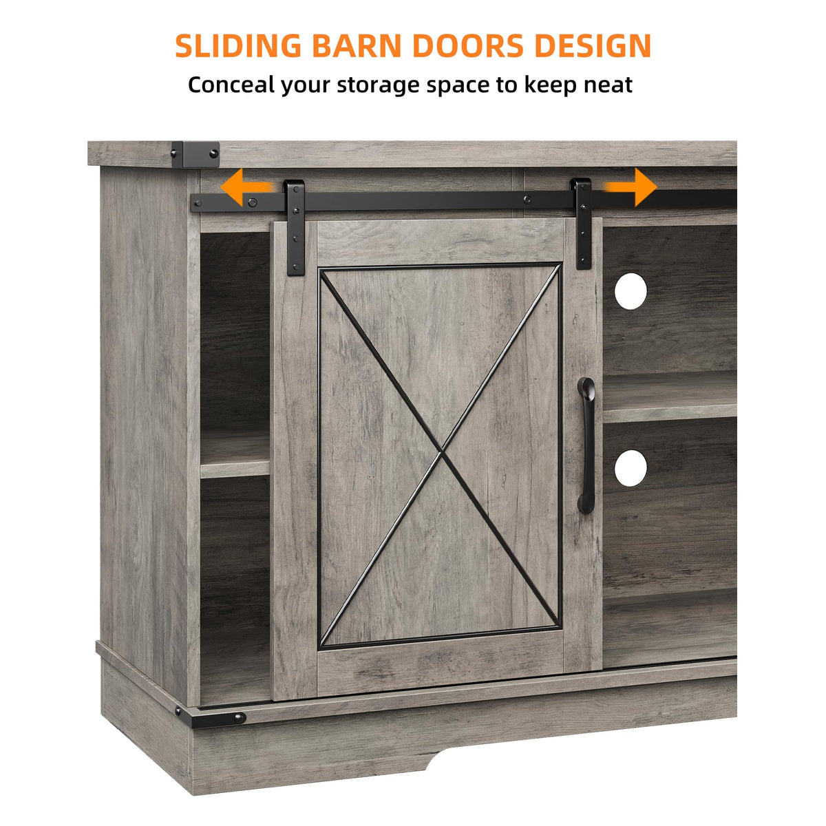 Farmhouse TV Stand 65+ inch with Sliding Barn Doors and Storage Cabinets L404