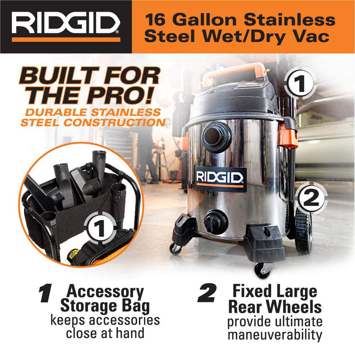 16 Gallon 6.5 Peak HP Stainless Steel Wet Dry Shop Vacuum B83484