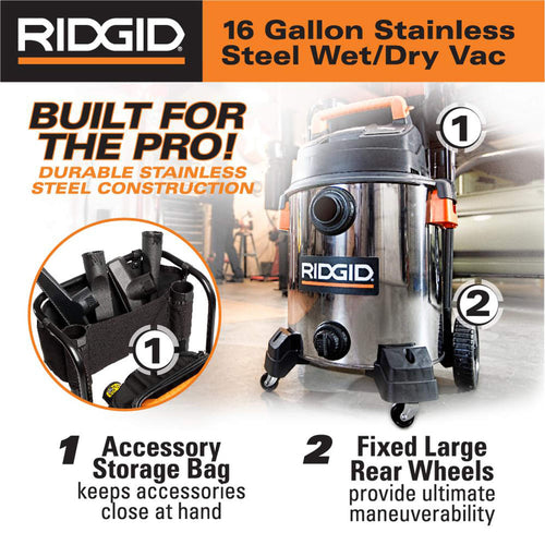 16 Gallon 6.5 Peak HP Stainless Steel Wet Dry Shop Vacuum B83484
