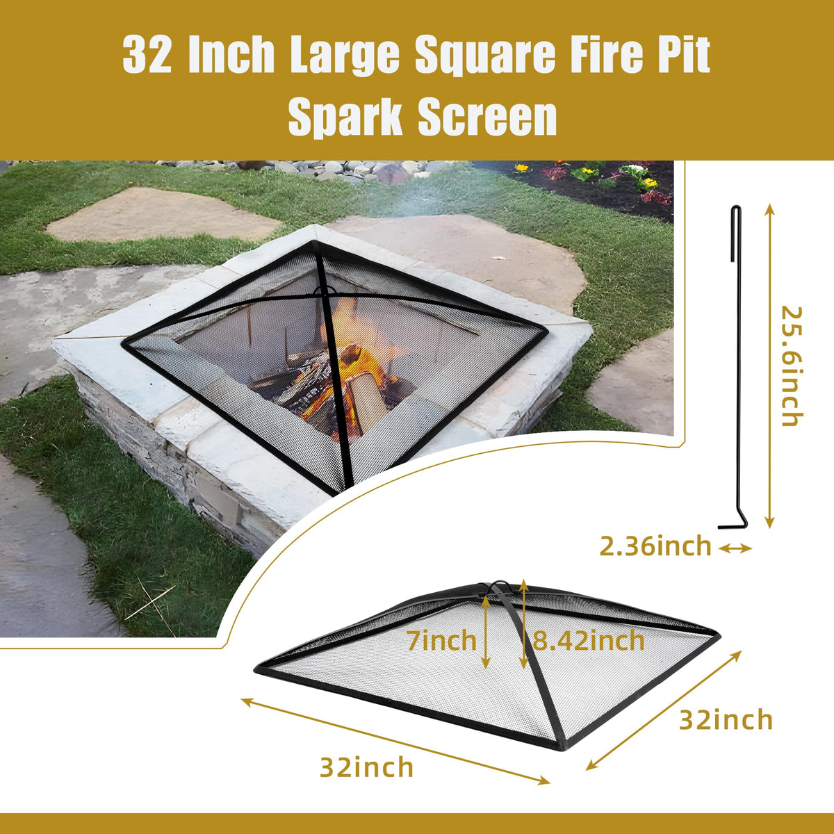 32In Square Heavy Duty Fire Pit Screen Cover with Handle and Poker Black D3609