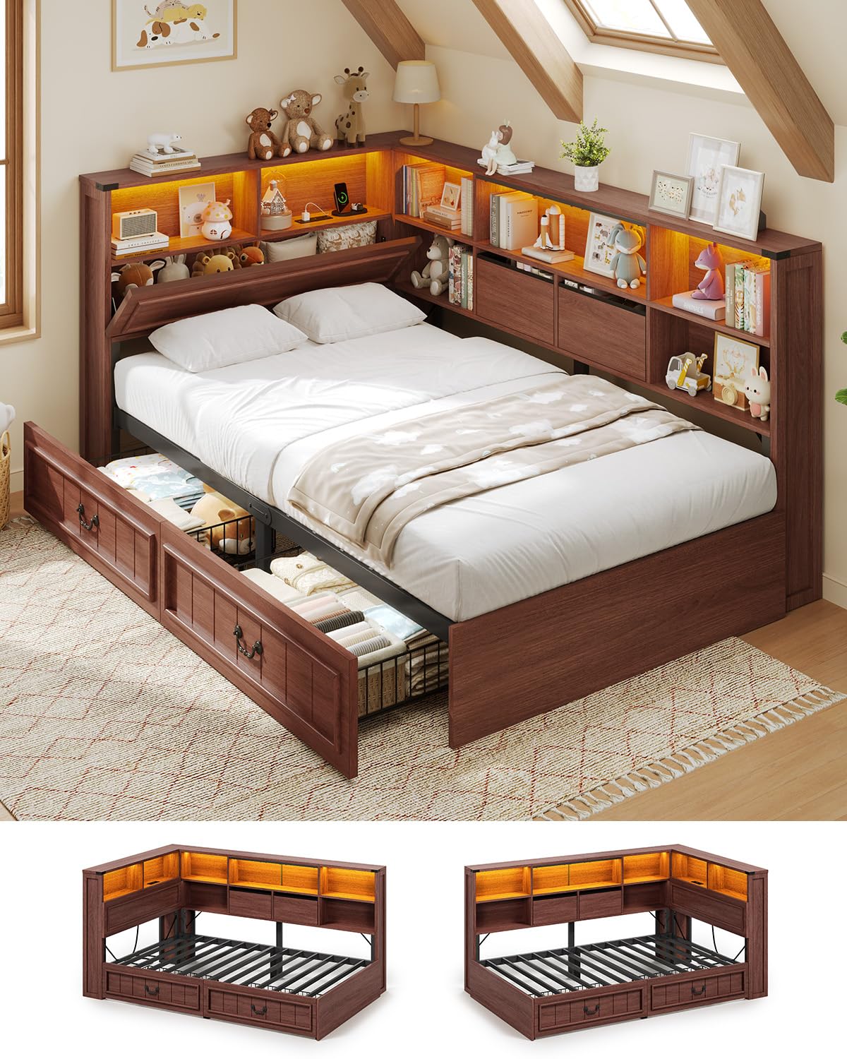 Twin Corner Bed Frame with Storage Drawers and Bookcase O8090