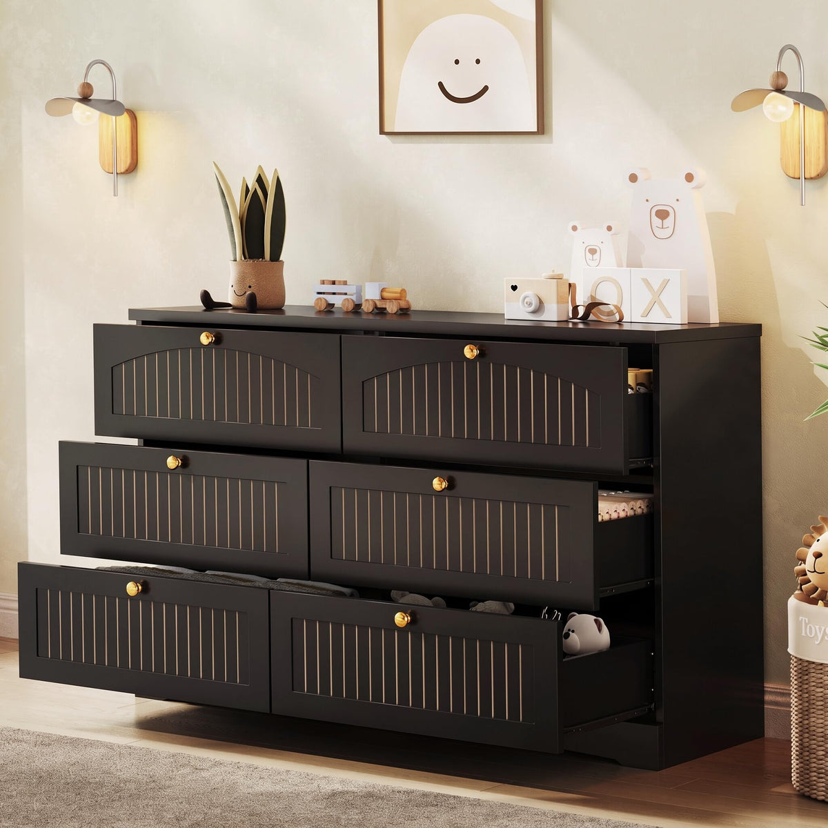 Black 6 Drawer Fluted Wood Dresser S26178