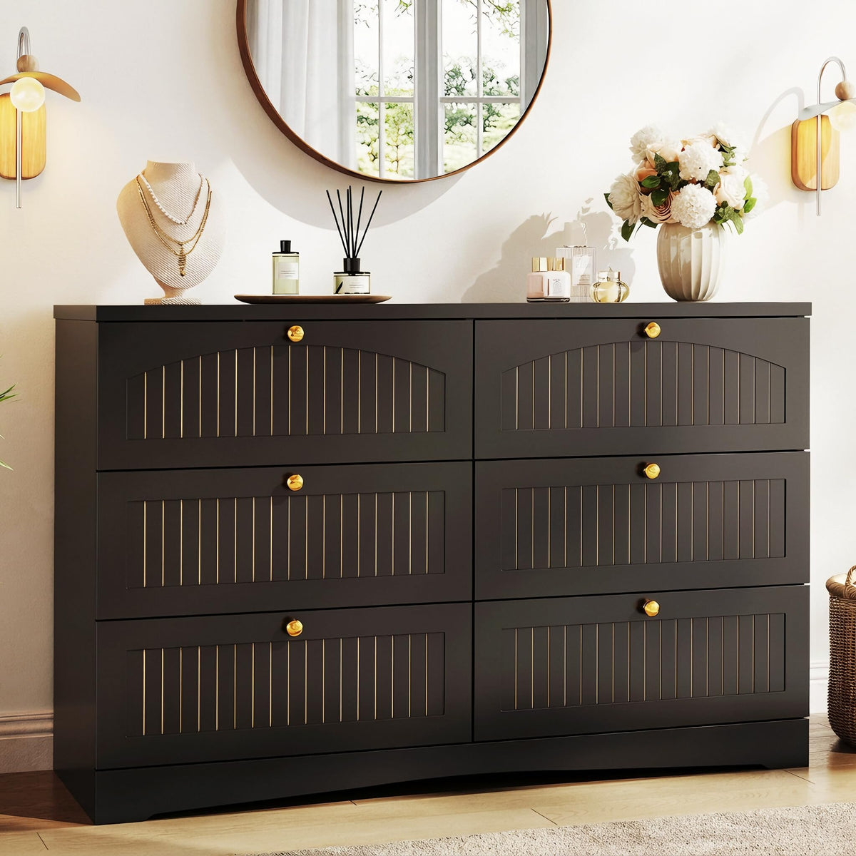 Black 6 Drawer Fluted Wood Dresser S26178