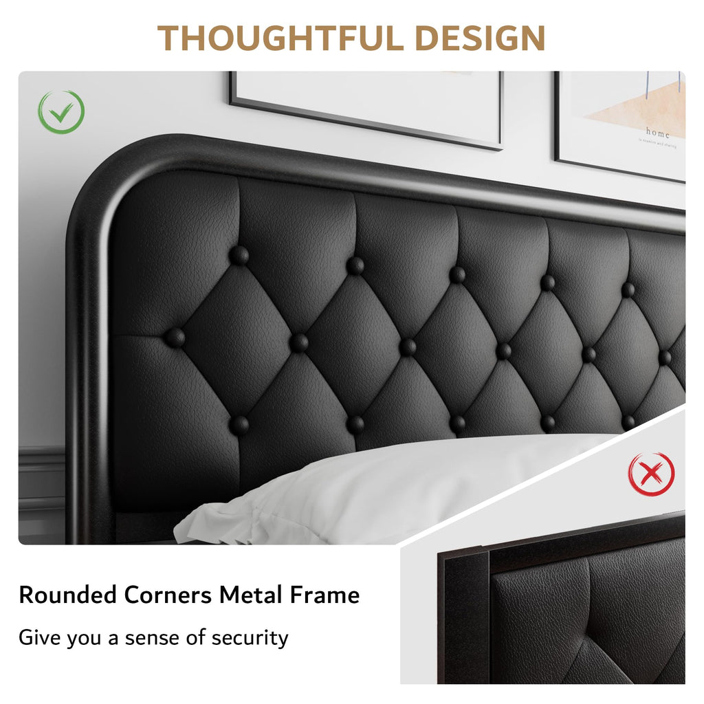 Full Size Black Metal Platform Bed Frame with Leather Headboard E199