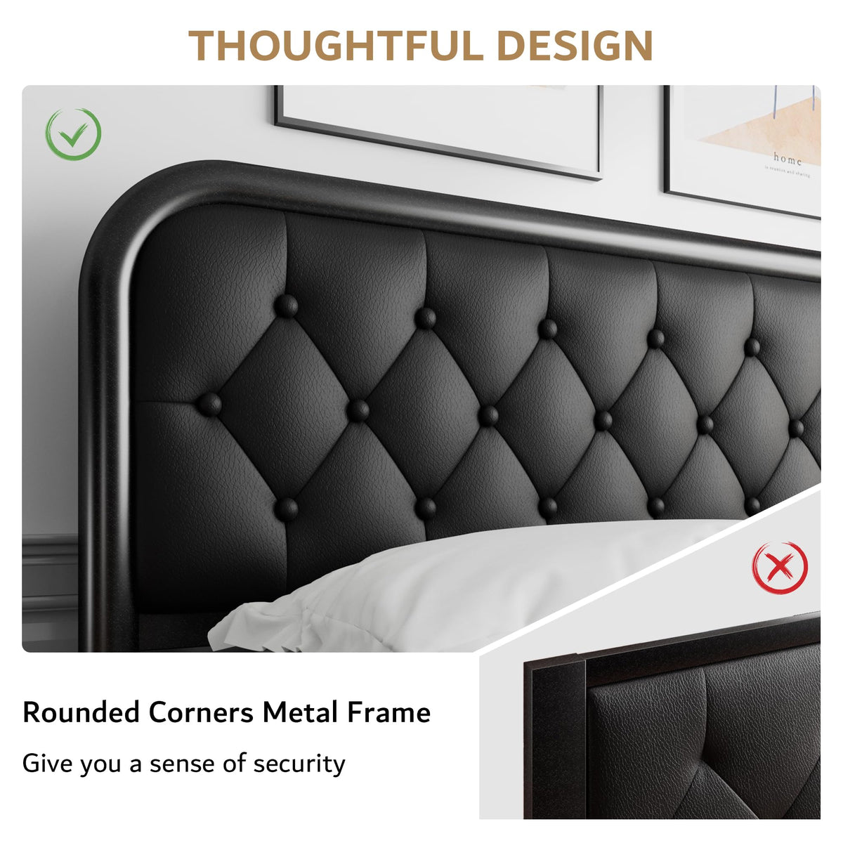 Full Size Black Metal Platform Bed Frame with Leather Headboard E199