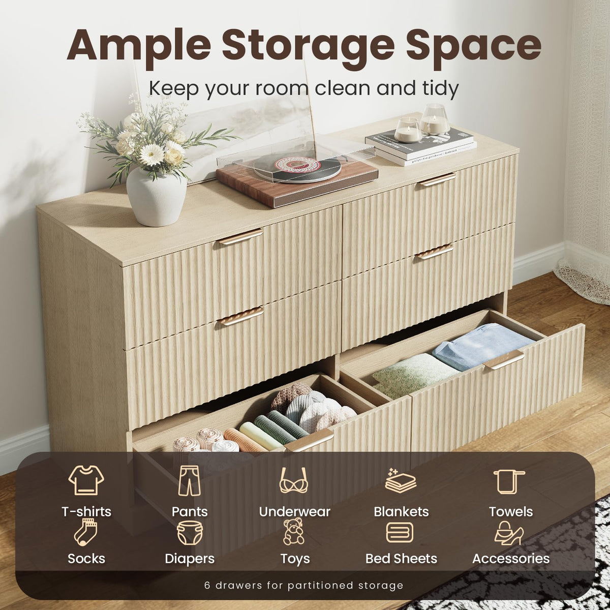 Natural Wood 6 Drawer Dresser J5227