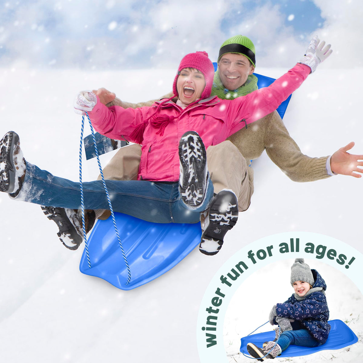 Kids Plastic Snow Sled with Pull Rope and Handles, Blue V2209