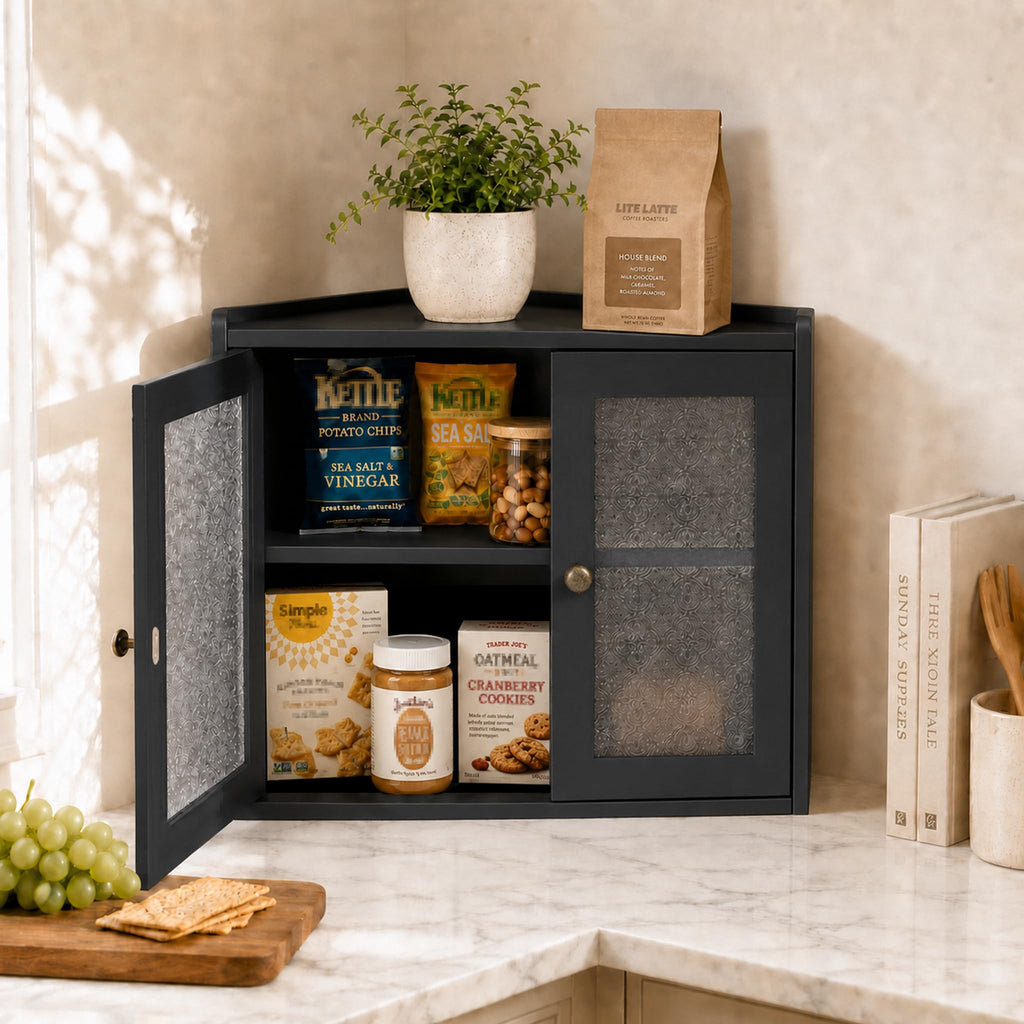 Black 2-Tier Wooden Corner Bread Box R2874