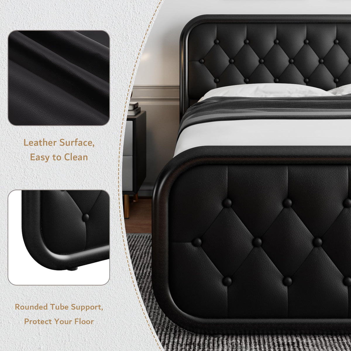 Full Size Black Metal Platform Bed Frame with Leather Headboard E199