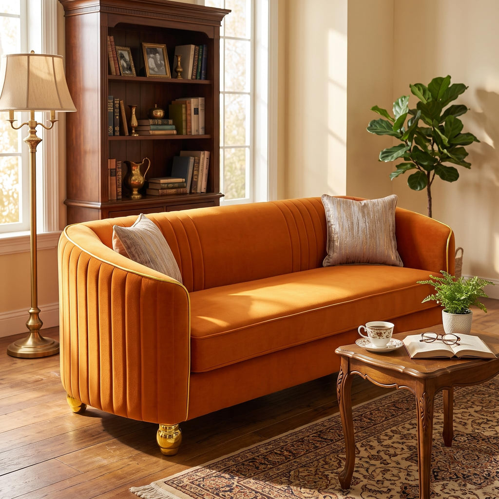 Velvet Modern Sofa Couch 3-Seater Deep Seat Sofa, Orange Q407