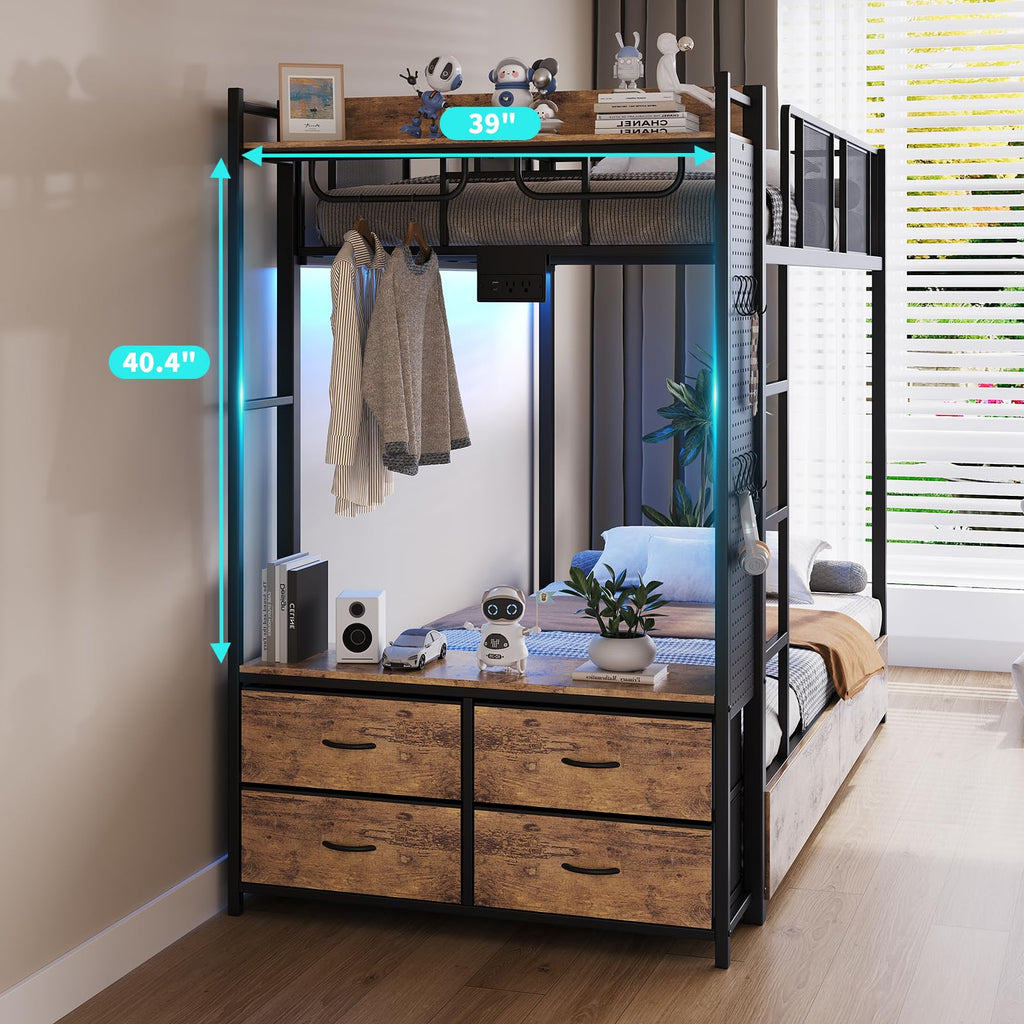 Twin Over Twin Metal Bunk Bed with Storage Drawers S4930