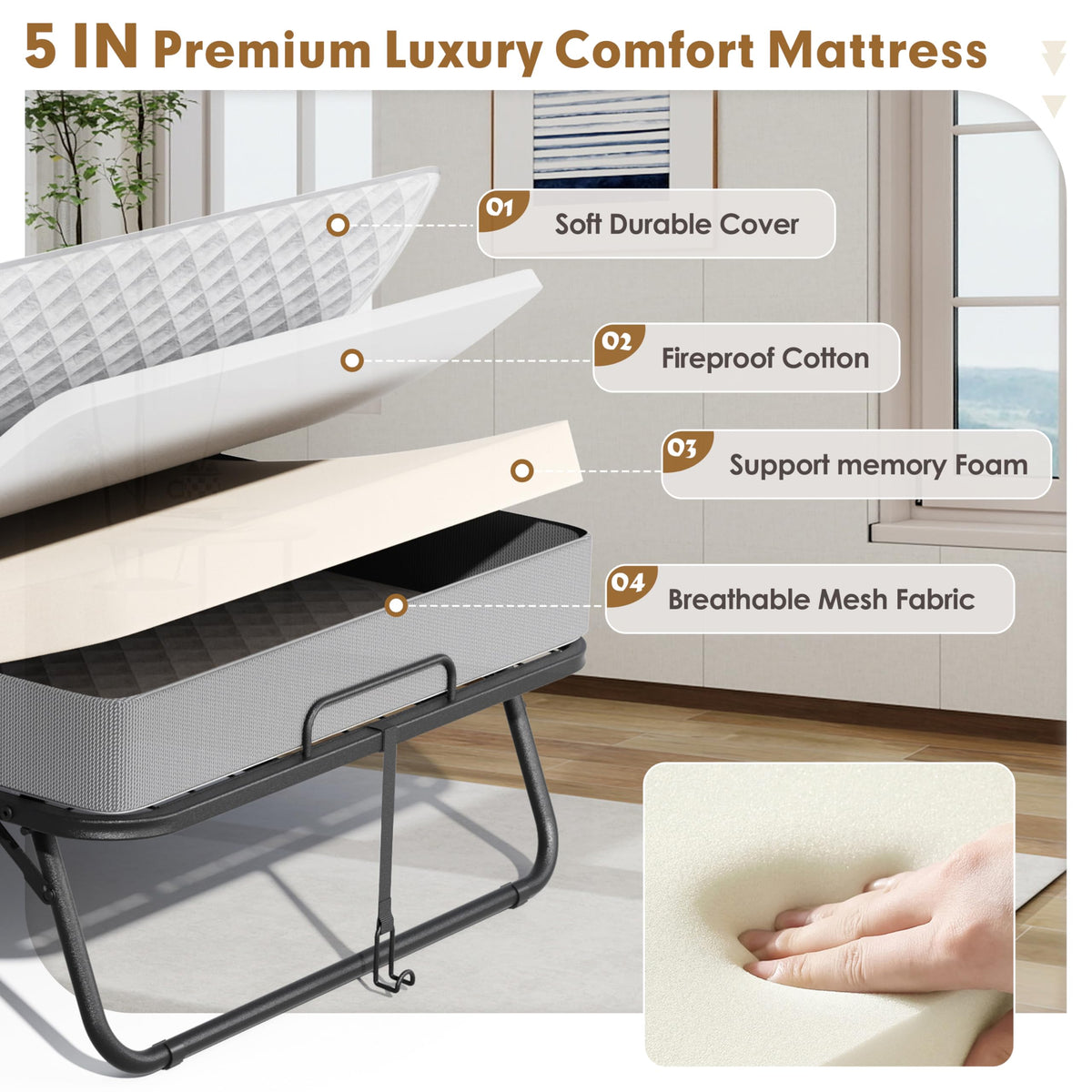 75" x 31" Folding Bed with 5" Memory Foam Mattress H382
