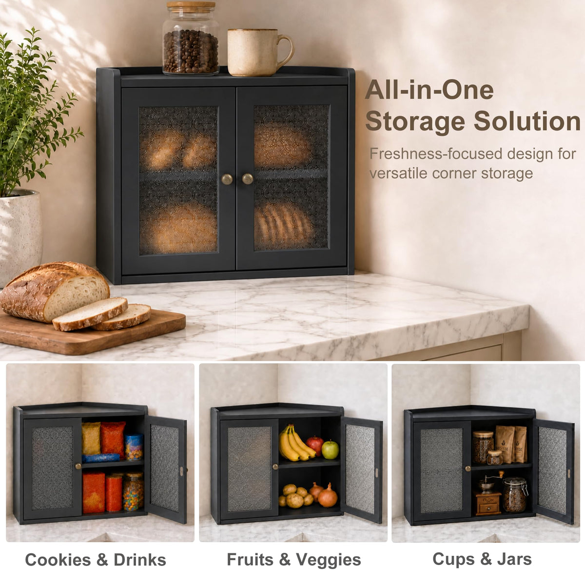 Black 2-Tier Wooden Corner Bread Box R2874