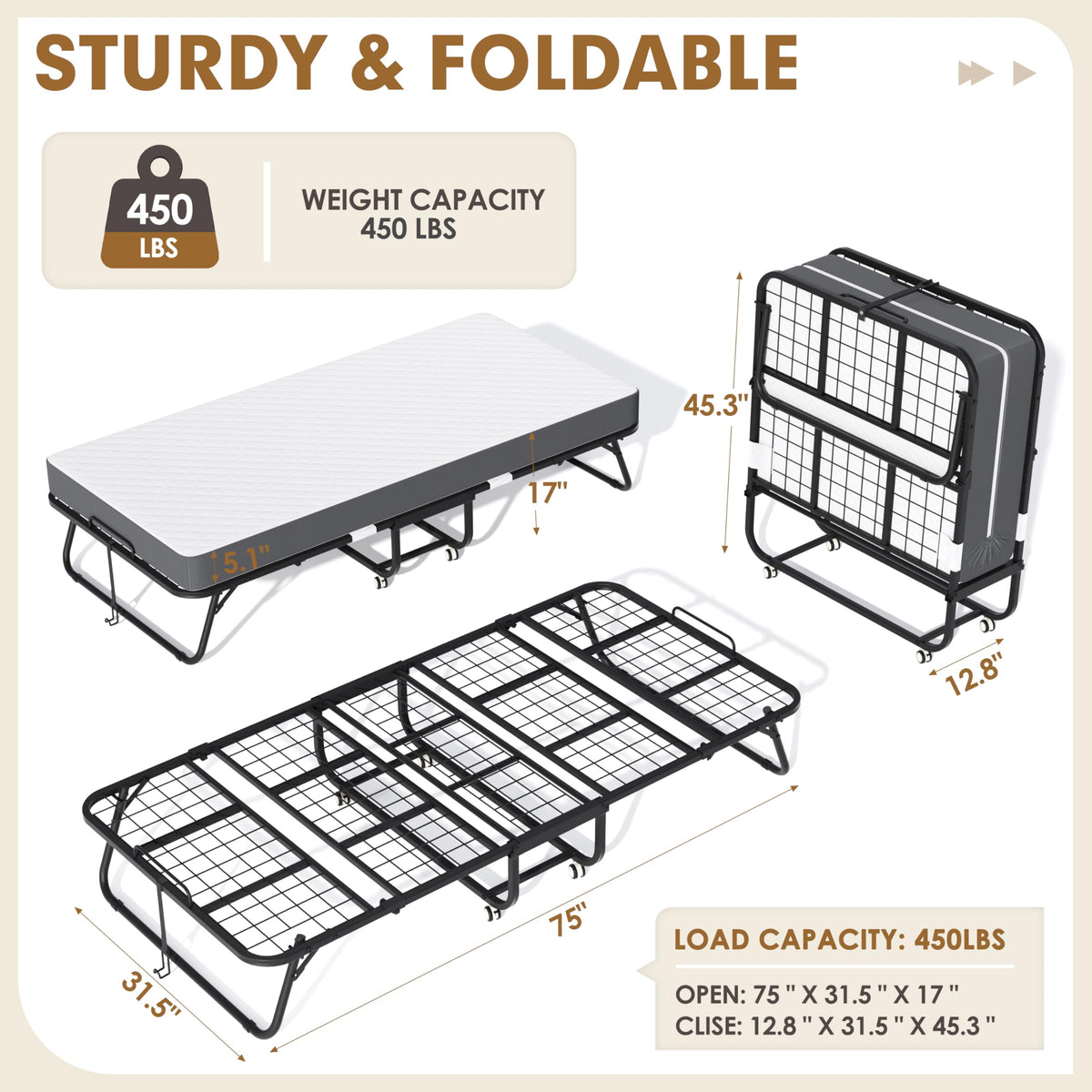 75" x 31" Folding Bed with 5" Memory Foam Mattress H382