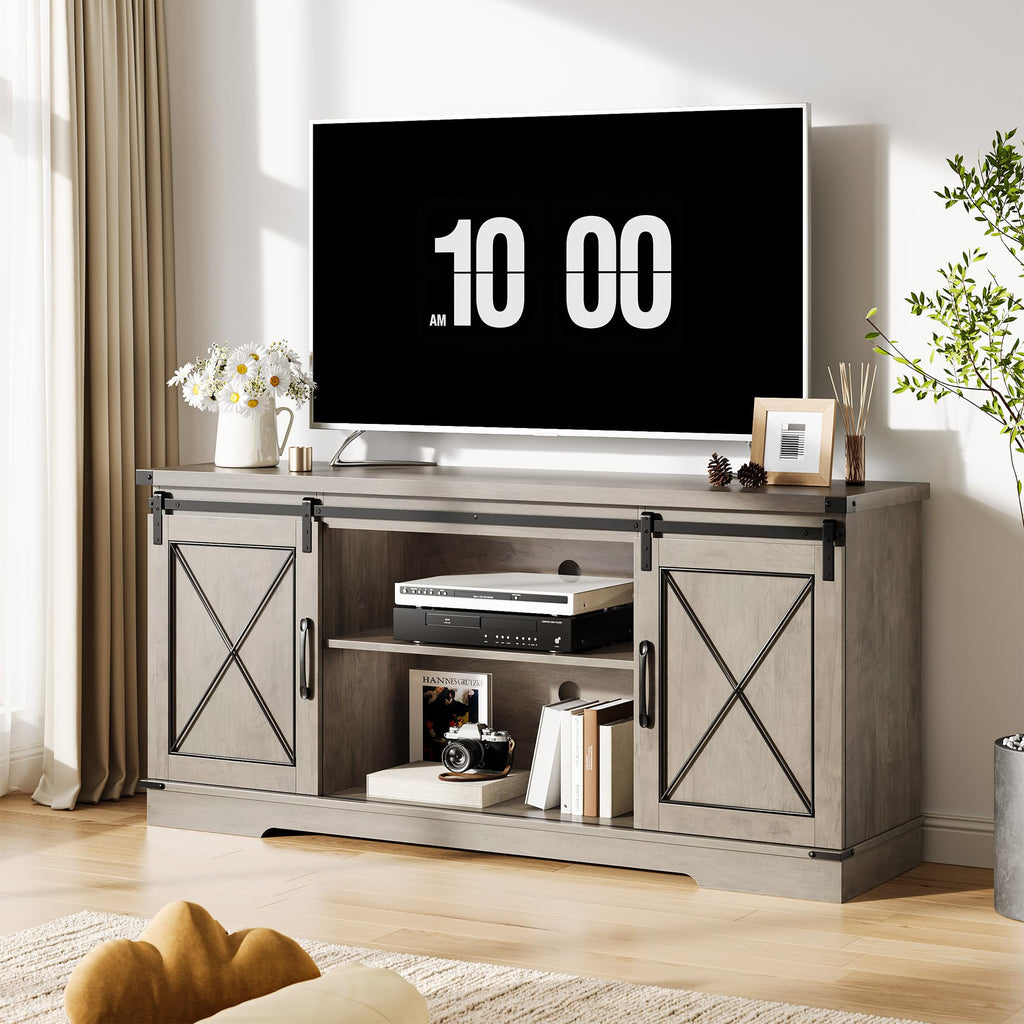 Farmhouse TV Stand 65+ inch with Sliding Barn Doors and Storage Cabinets L404