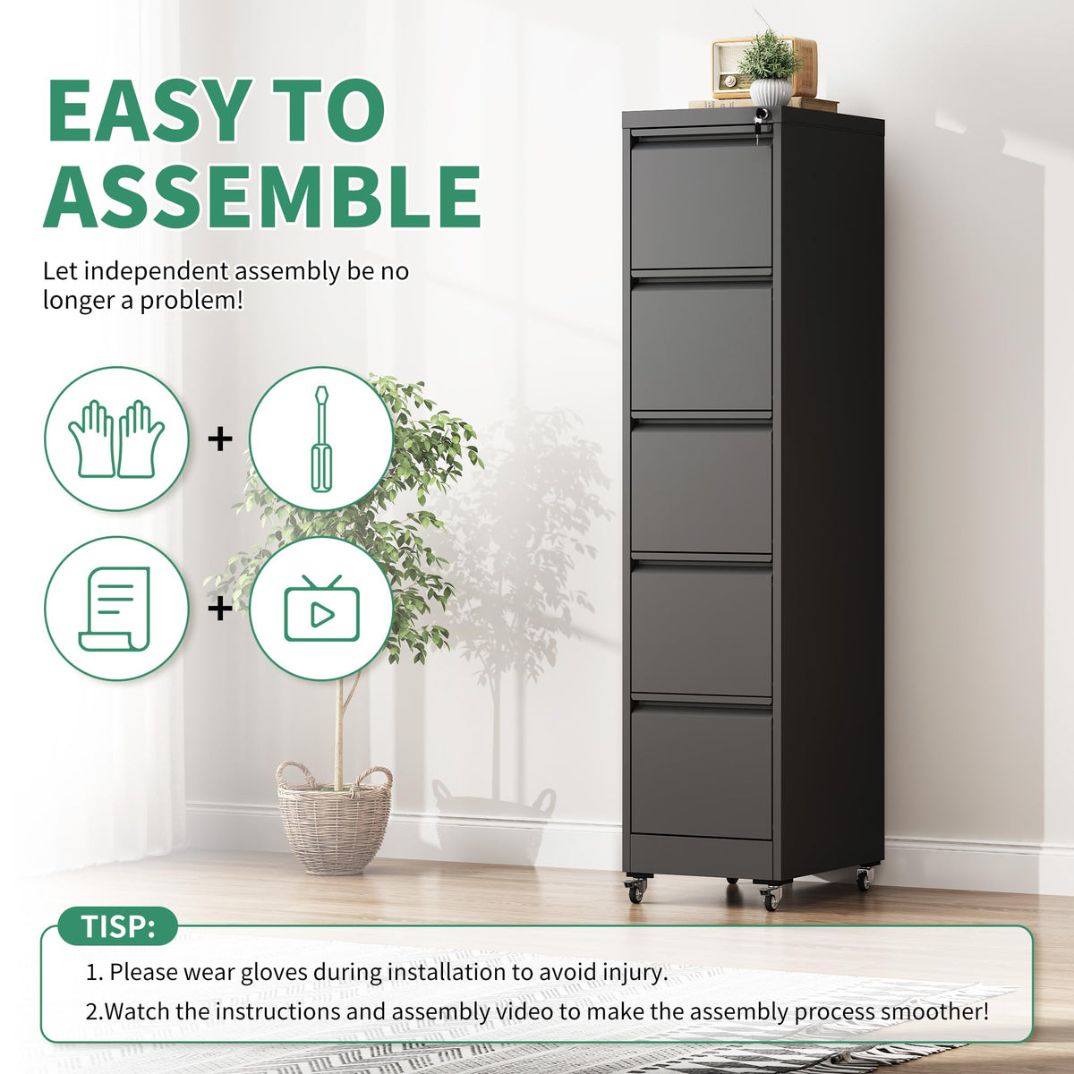 5 Drawer Black Steel File Cabinet with Lock O306