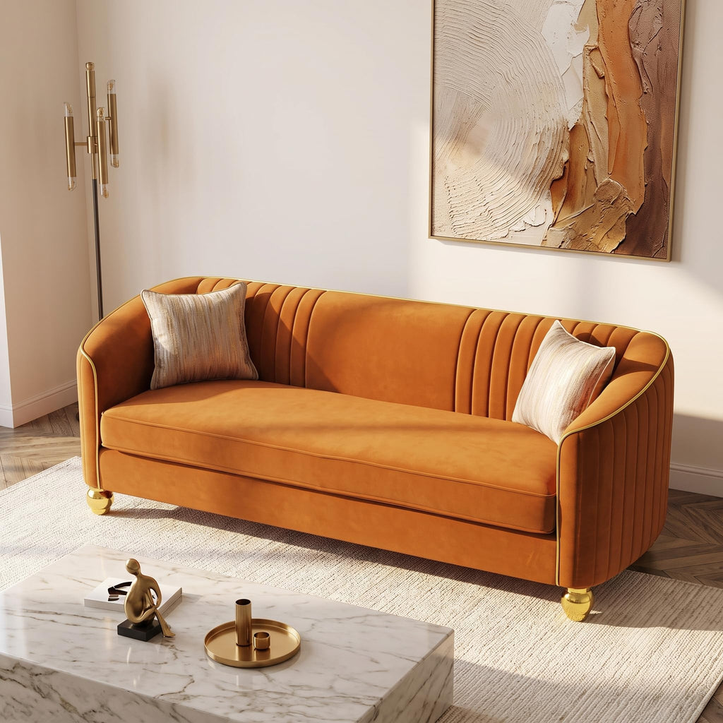 Velvet Modern Sofa Couch 3-Seater Deep Seat Sofa, Orange Q407