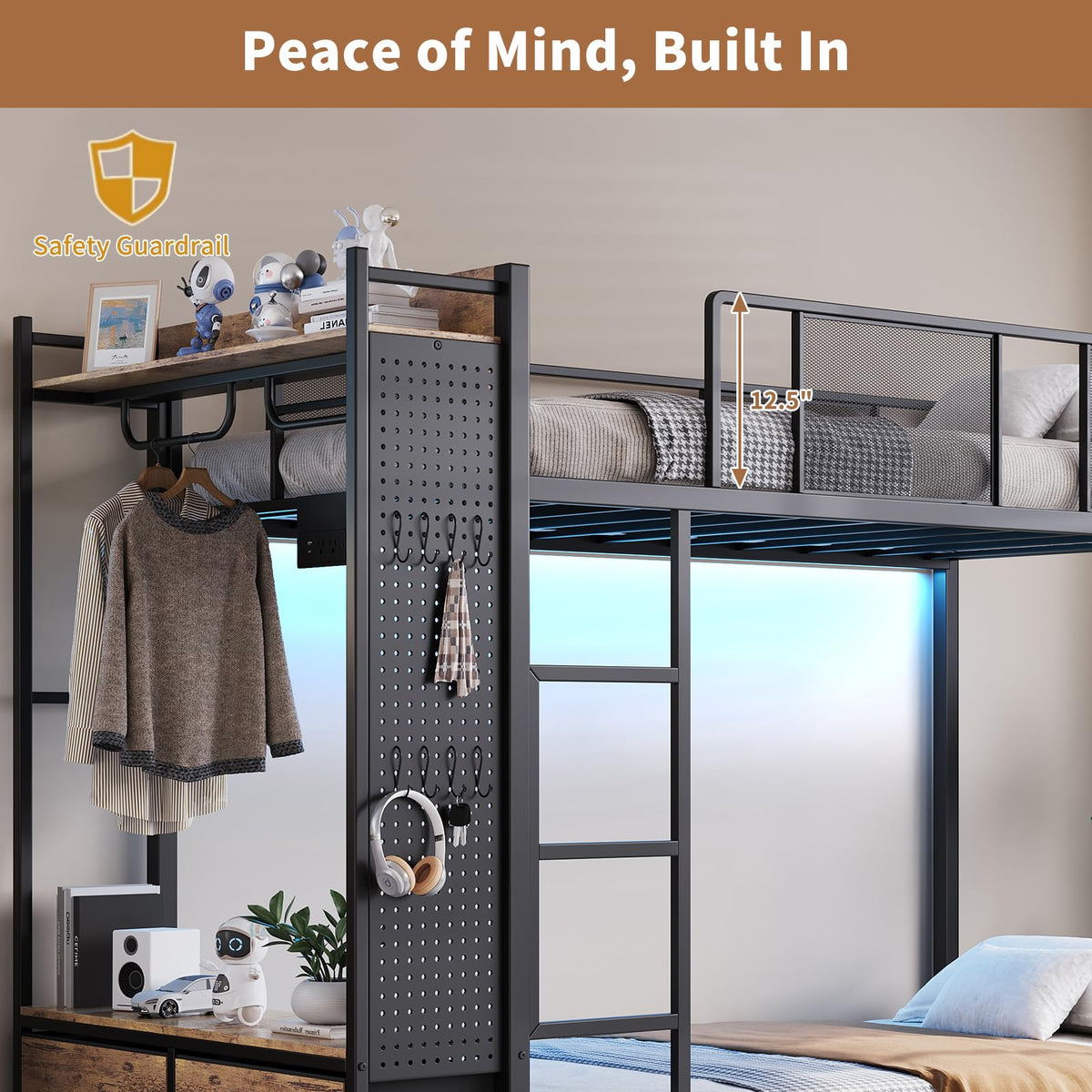 Twin Over Twin Metal Bunk Bed with Storage Drawers S4930