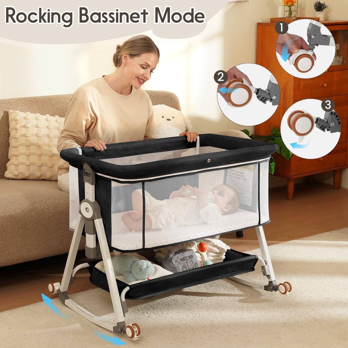 3 in 1 Baby Bassinets Bedside Sleeper with Storage Basket S531056
