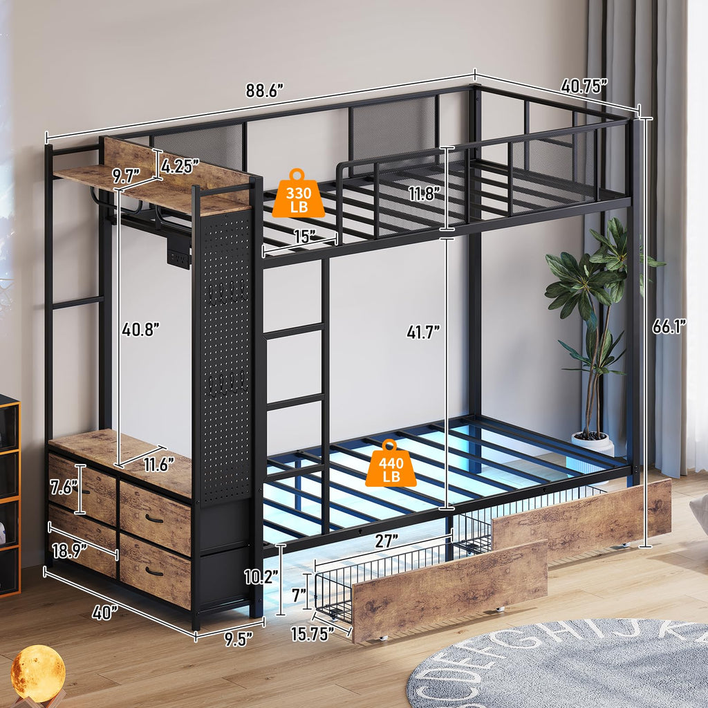 Twin Over Twin Metal Bunk Bed with Storage Drawers S4930
