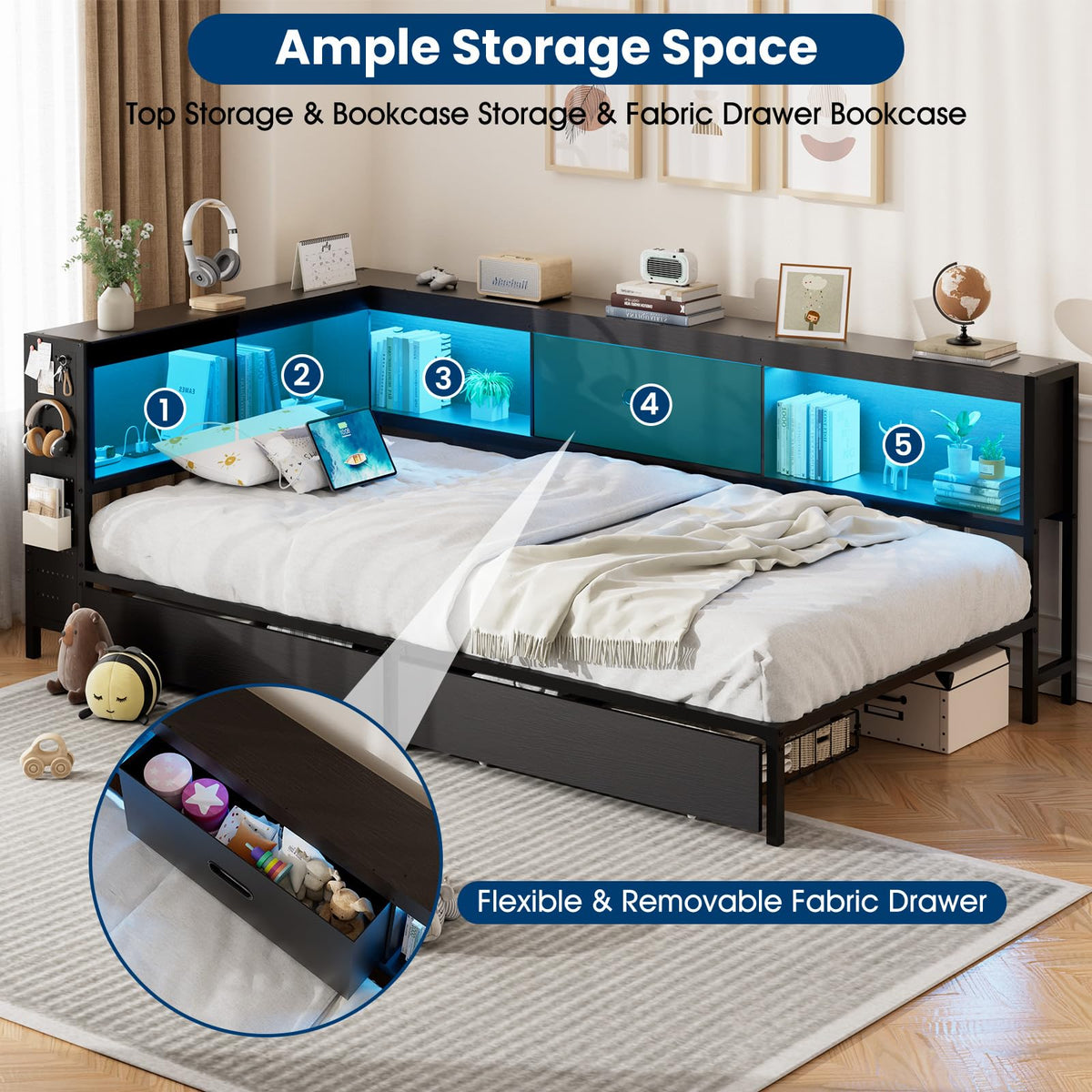 Twin Size Metal Corner Bed Frame with Storage Bookcase Headboard C3582