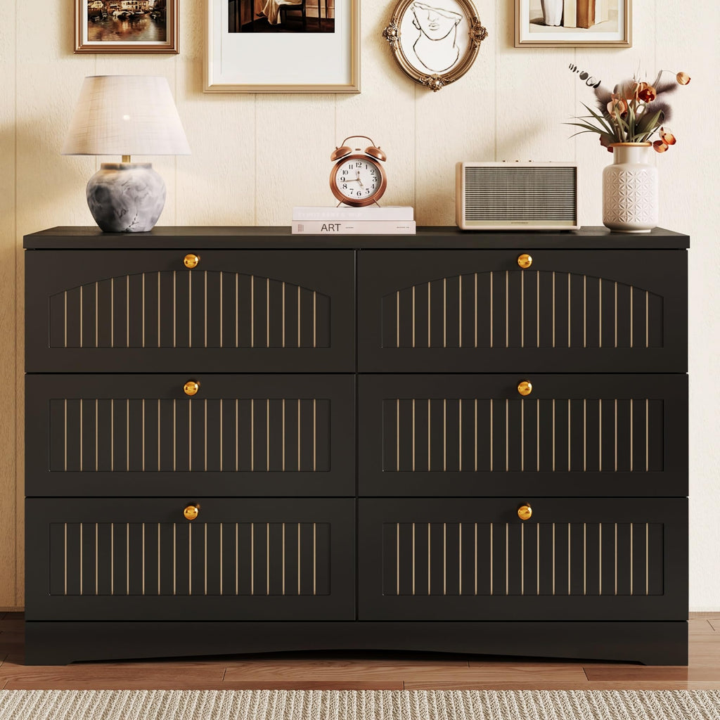 Black 6 Drawer Fluted Wood Dresser S26178