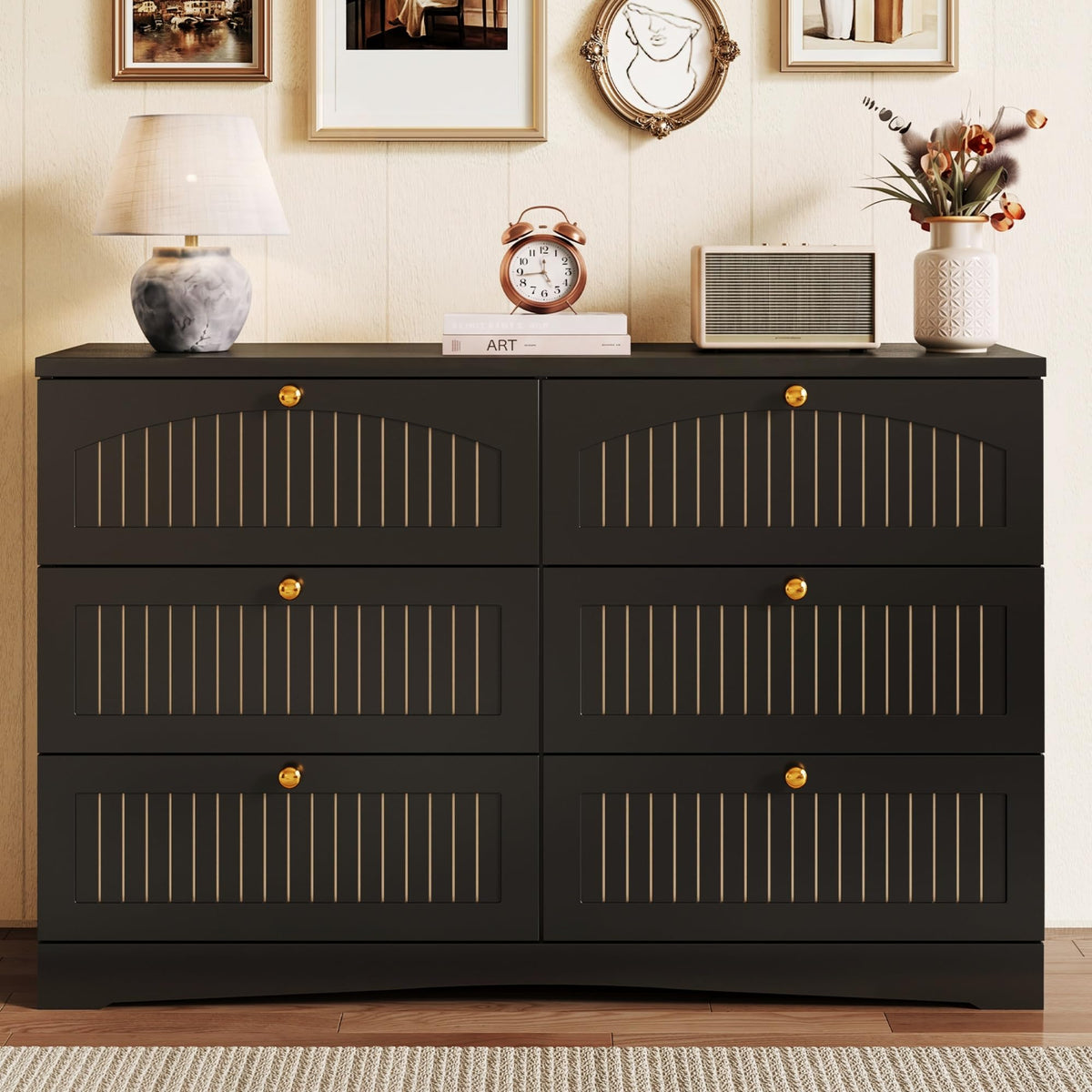 Black 6 Drawer Fluted Wood Dresser S26178