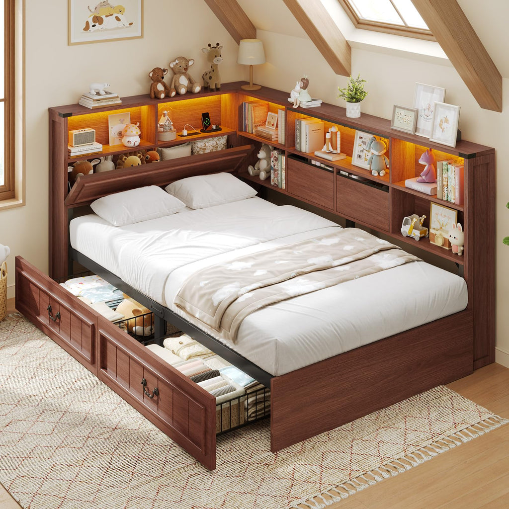 Twin Corner Bed Frame with Storage Drawers and Bookcase O8090