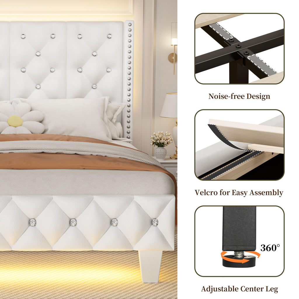 White Upholstered Full Size Bed Frame with Headboard E60685