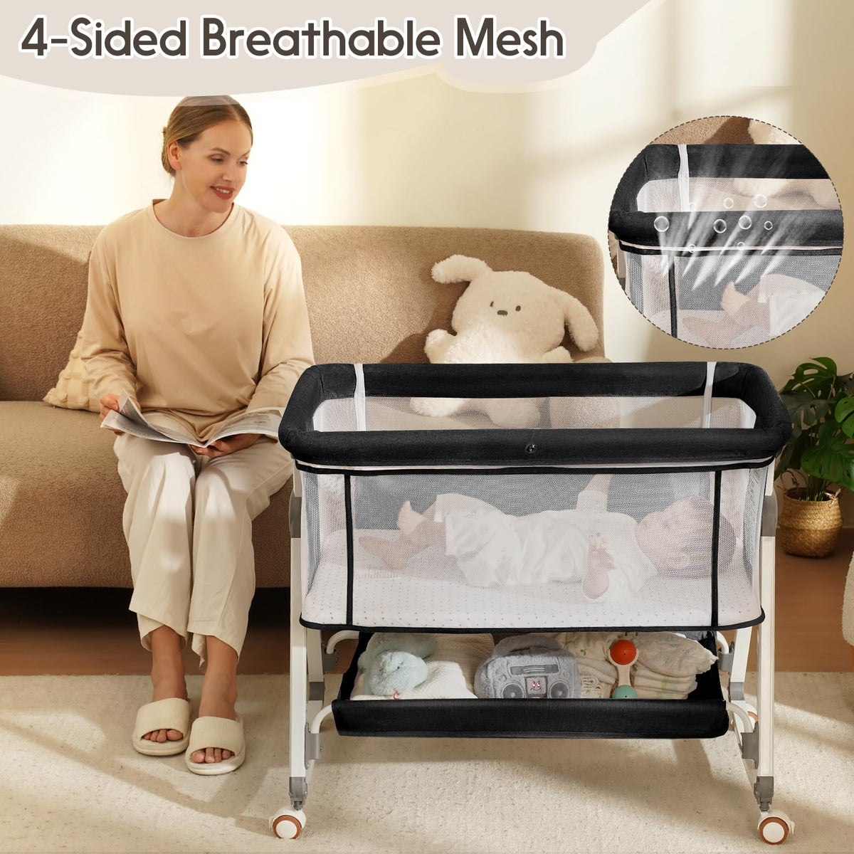 3 in 1 Baby Bassinets Bedside Sleeper with Storage Basket S531056
