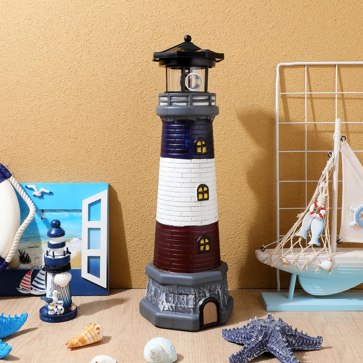 Solar Lighthouse Statue, Resin Waterproof, Black, 4.72 X 4.72 X 14.76 Inches P272