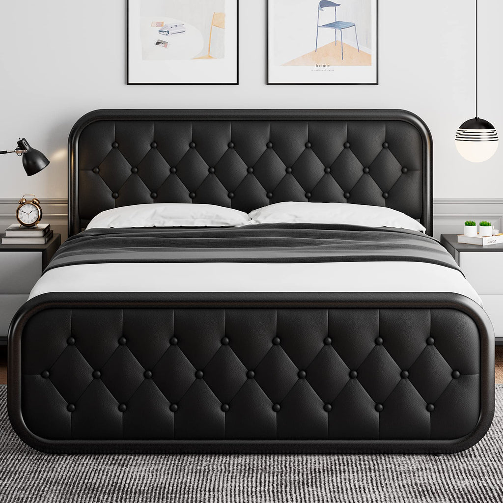 Full Size Black Metal Platform Bed Frame with Leather Headboard E199