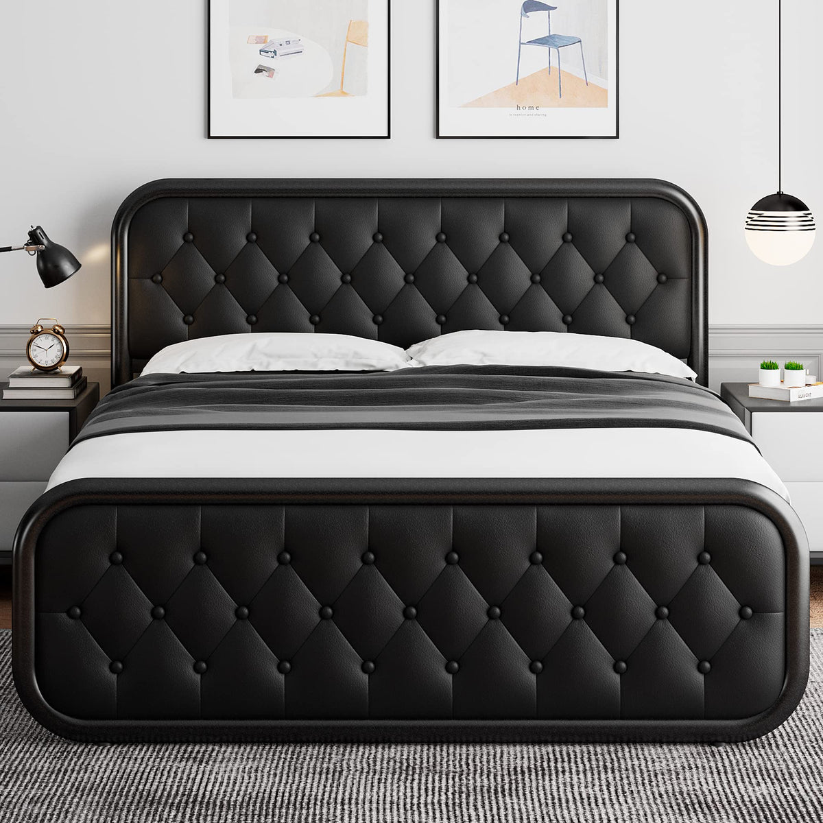 Full Size Black Metal Platform Bed Frame with Leather Headboard E199